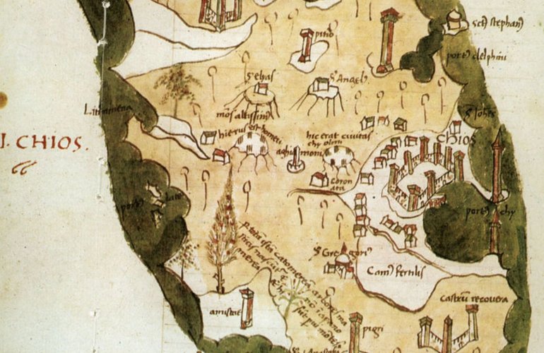 Χάρτης της Χίου του 1420 από τον  Cristoforo Buondelmonti. Βρίσκεται στη Γεννάδειο Βιβλιοθήκη.