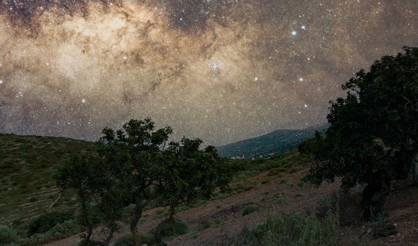 Μαστιχόδεντρα και ο γαλαξίας μας. Συνολική έκθεση 30 λεπτών με DSLR φακό 24μμ.Τοποθεσία: Αρμόλια, Χιος (25/05/2022)