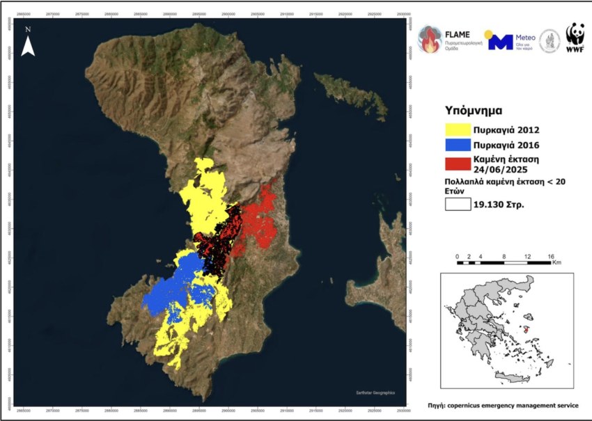 Εικόνα 5. Πολλαπλά καμένες εκτάσεις στη Χίο.