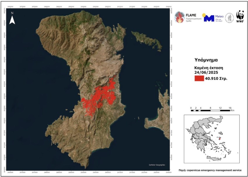 Δορυφορική αποτύπωση της καμένης έκτασης από την υπηρεσία Copernicus Ευρωπαϊκής Επιτροπής.