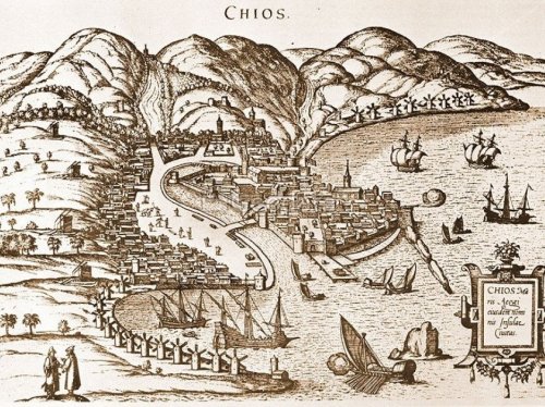 Γκραβούρα του λιμανιού της Χίου με το Φρούριο του 1566