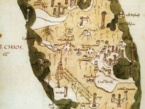 Χάρτης της Χίου του 1420 από τον  Cristoforo Buondelmonti. Βρίσκεται στη Γεννάδειο Βιβλιοθήκη.