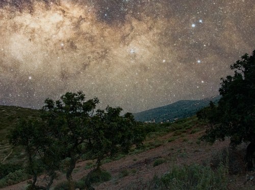 Μαστιχόδεντρα και ο γαλαξίας μας. Συνολική έκθεση 30 λεπτών με DSLR φακό 24μμ.Τοποθεσία: Αρμόλια, Χιος (25/05/2022)