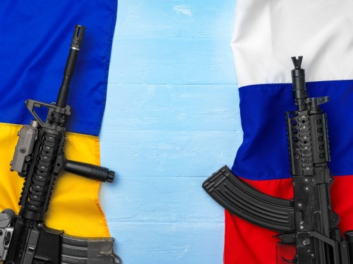 Flags of Russia and Ukraine with weapon rifles - Item License Code:               DAEYW6JRQM