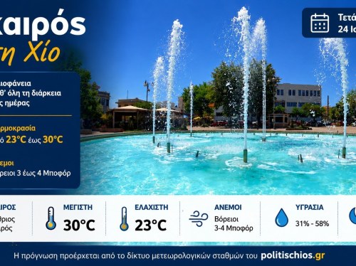 Ο καιρός στη Χίο, σήμερα 24 Ιουνίου 2026