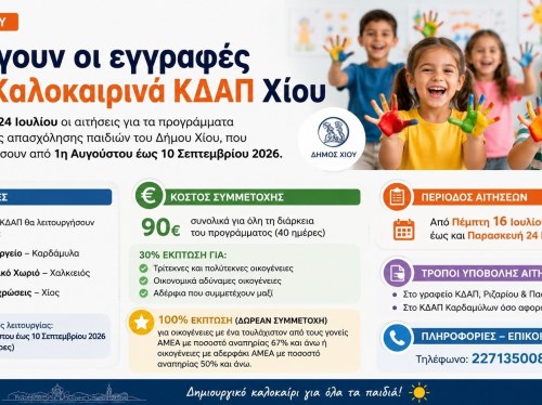 Ανοίγουν οι εγγραφές στα Καλοκαιρινά ΚΔΑΠ Χίου