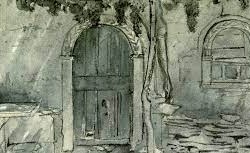 Σκίτσο του αρχιτέκτονα με παραδοσιακή πόρτα της Αίγινας, από το πλουσιότατο αρχείο του που έχει κατατεθεί στο Μουσείο Μπενάκη.